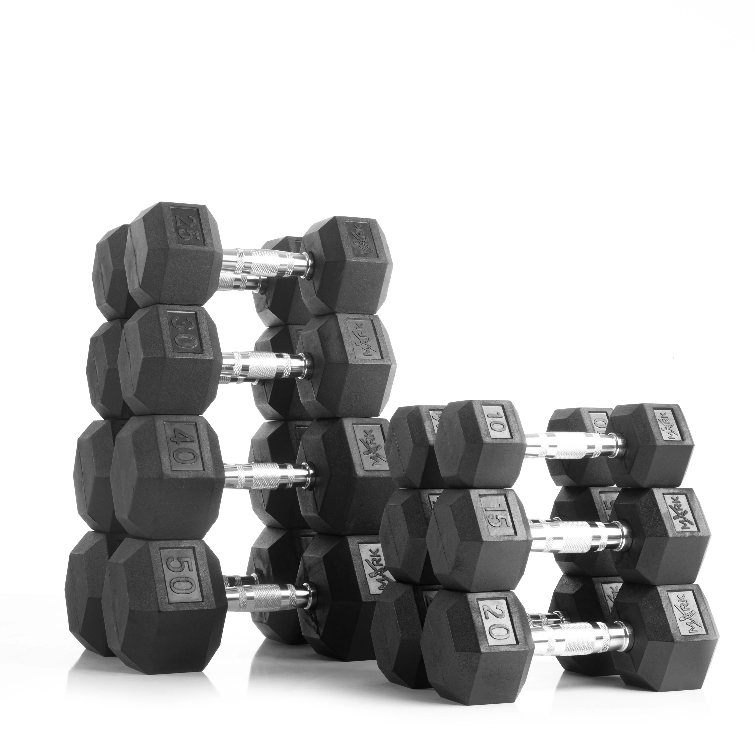 XMARK - 10 to 50 lbs. Rubber Hex Dumbbell Pairs Includes 2-Tier Storage Rack - Image 5