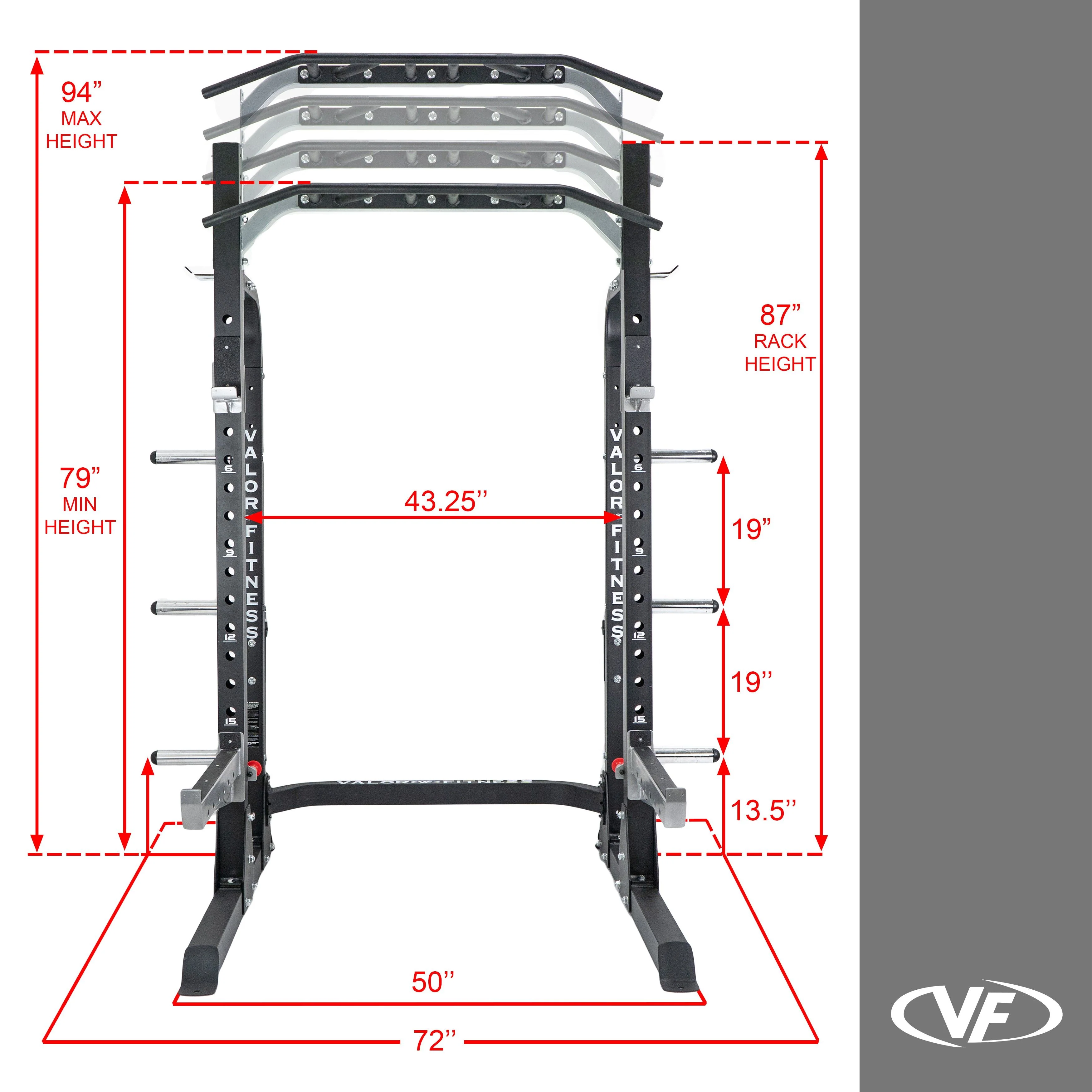 Valor Fitness - 3x3 Half Rack w/ Multi Grip Pullup Bar and Plate Storage - Image 6