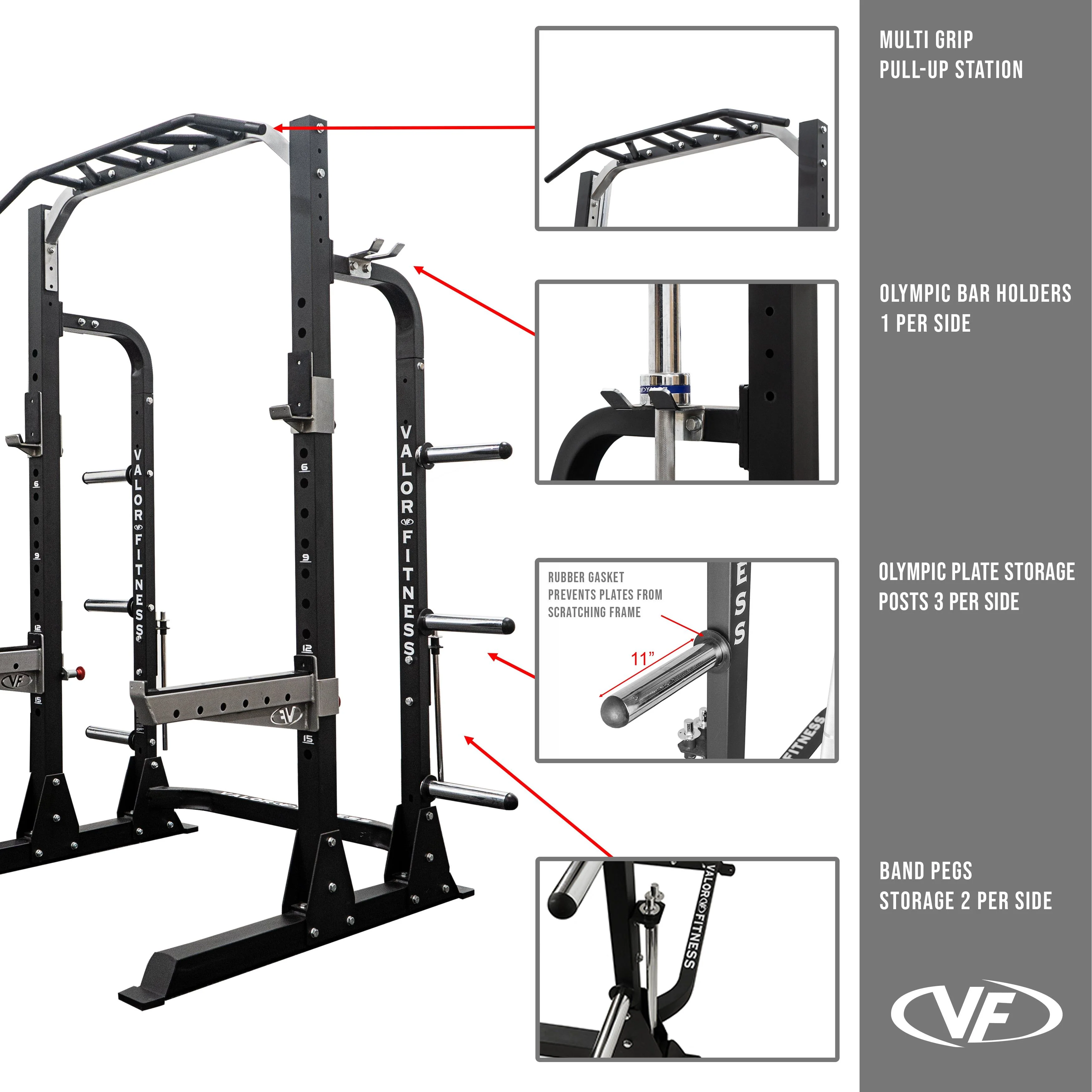 Valor Fitness - 3x3 Half Rack w/ Multi Grip Pullup Bar and Plate Storage - Image 9