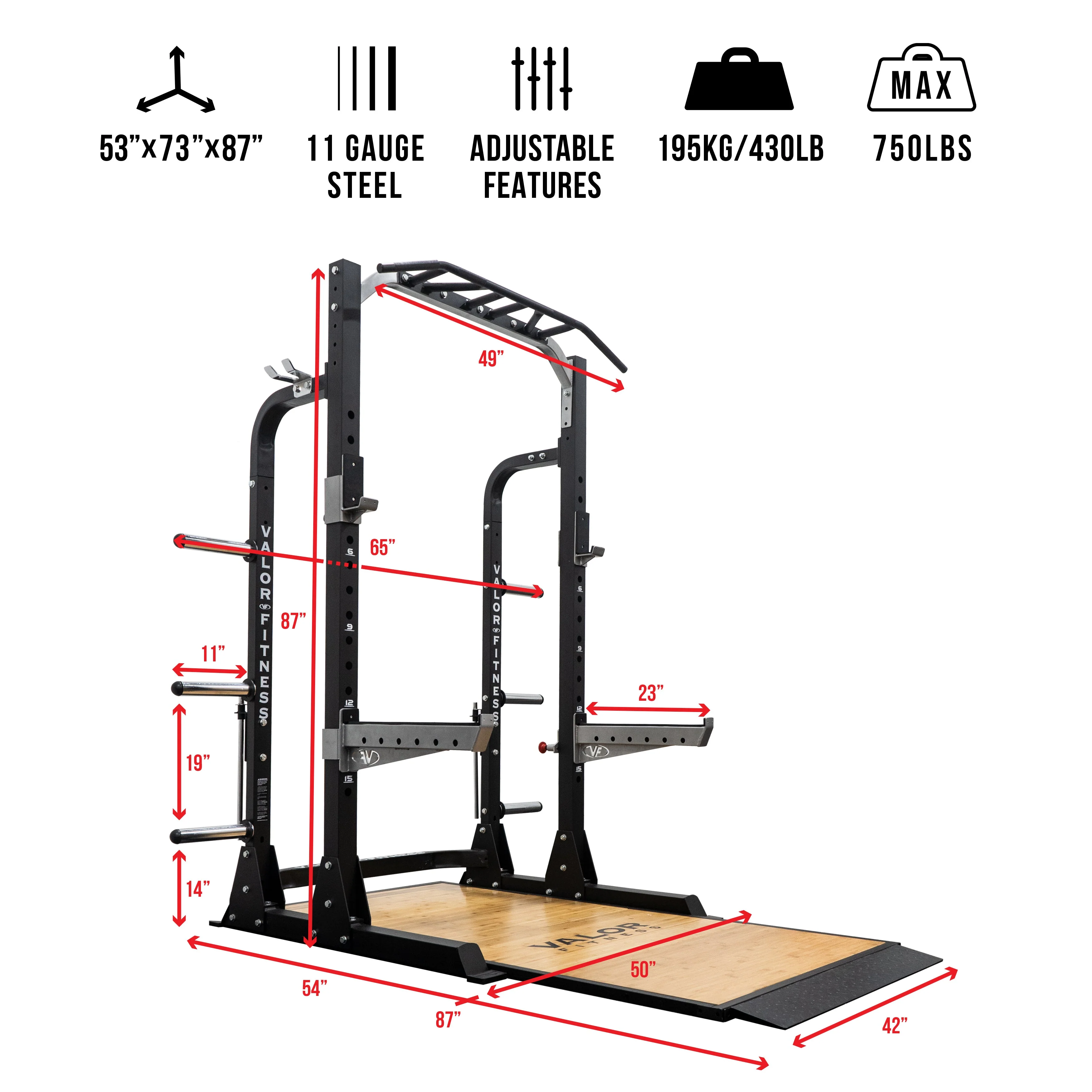Valor Fitness - 3x3 Half Rack w/ Platform, Multi Grip Bar, and Plate Storage - Image 3