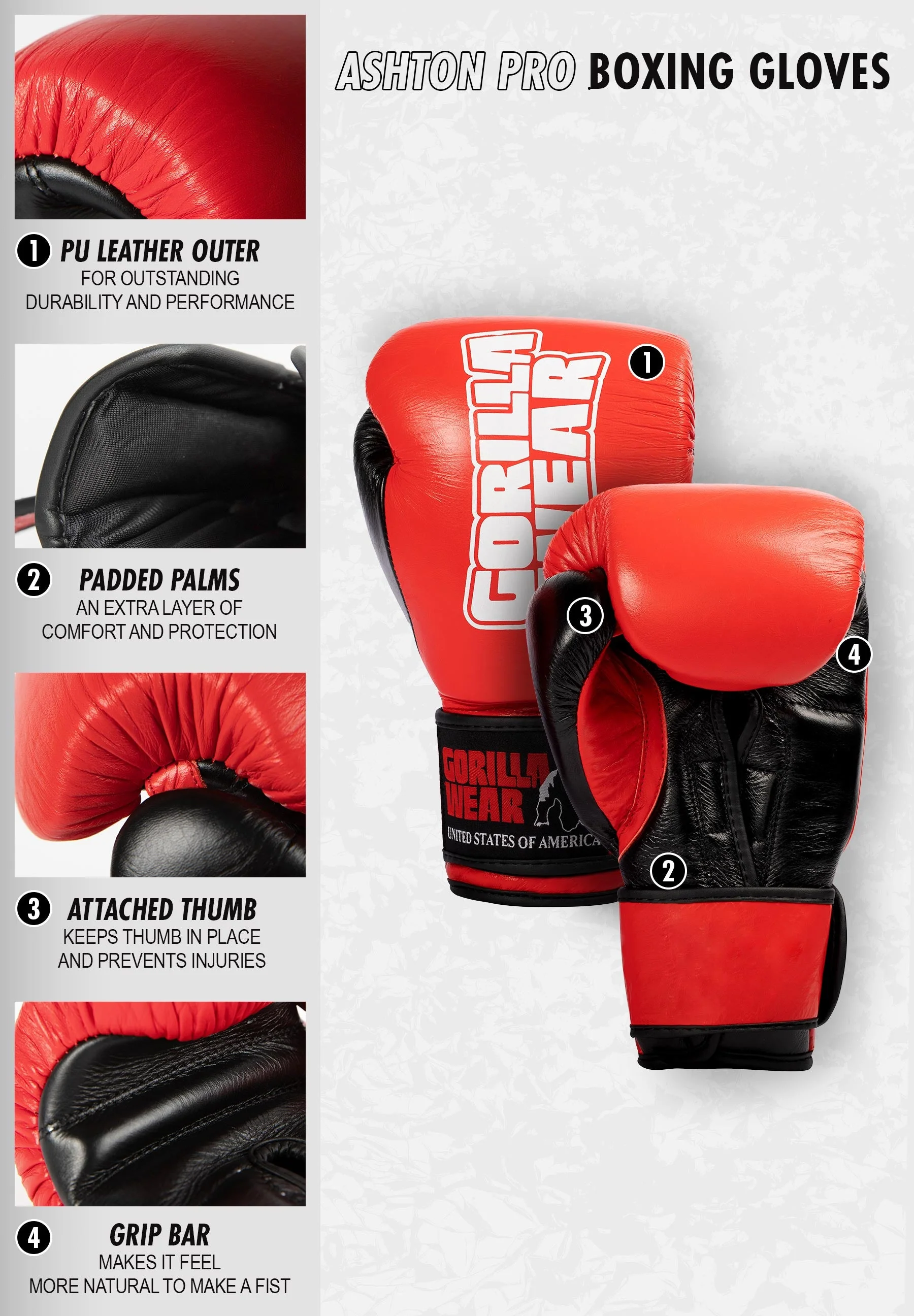 Gorilla Wear - Ashton Pro Boxing Gloves - Red/Black - Image 7