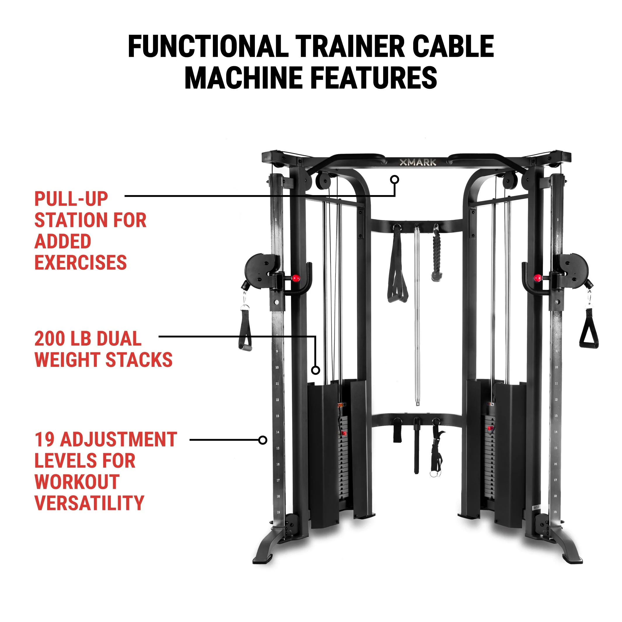XMARK - Functional Trainer Cable Machine with 200 lb Weight Stacks and Adjustable Weight Bench - Image 3