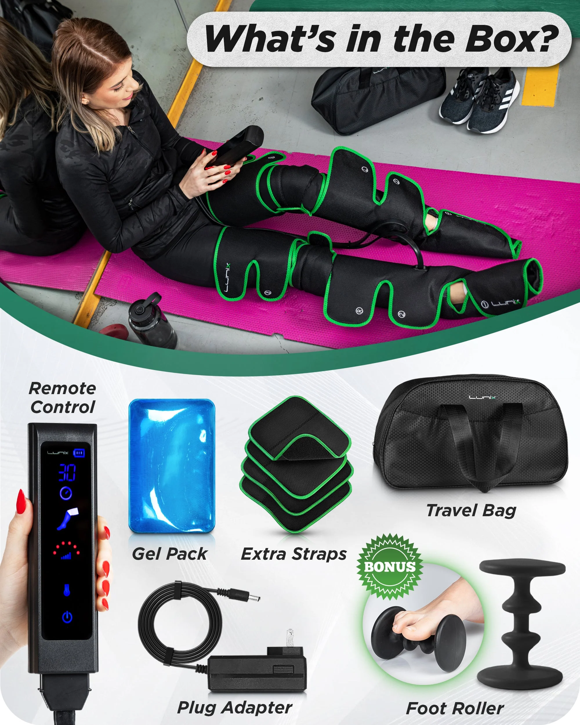 Lunix - LX10 FULL LEG COMPRESSION MASSAGER, WITH HOT/COLD PACK GREEN - Image 9