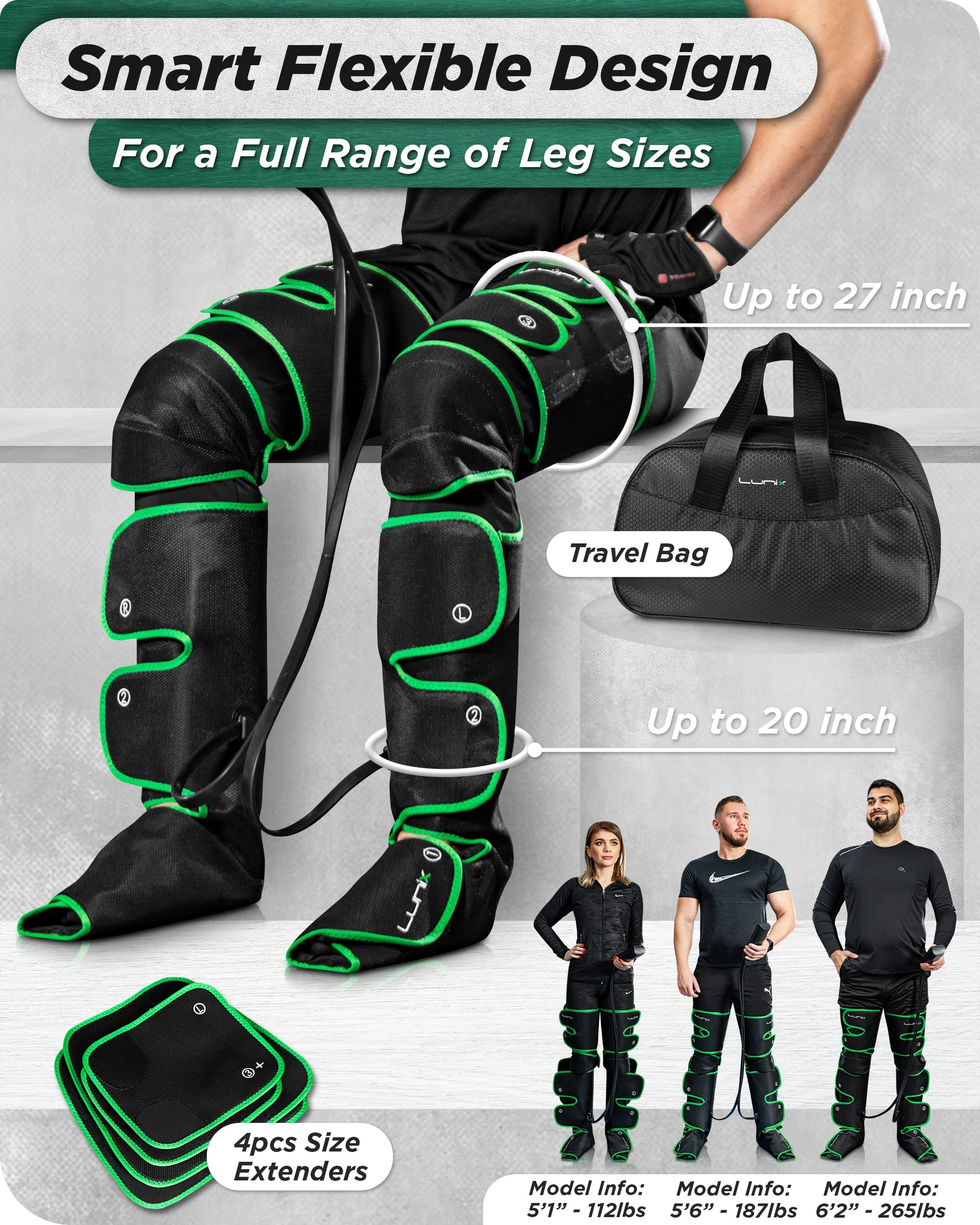 Lunix - LX10 FULL LEG COMPRESSION MASSAGER WITH HOT/COLD PACK - GREEN - UPGRADED - Image 5