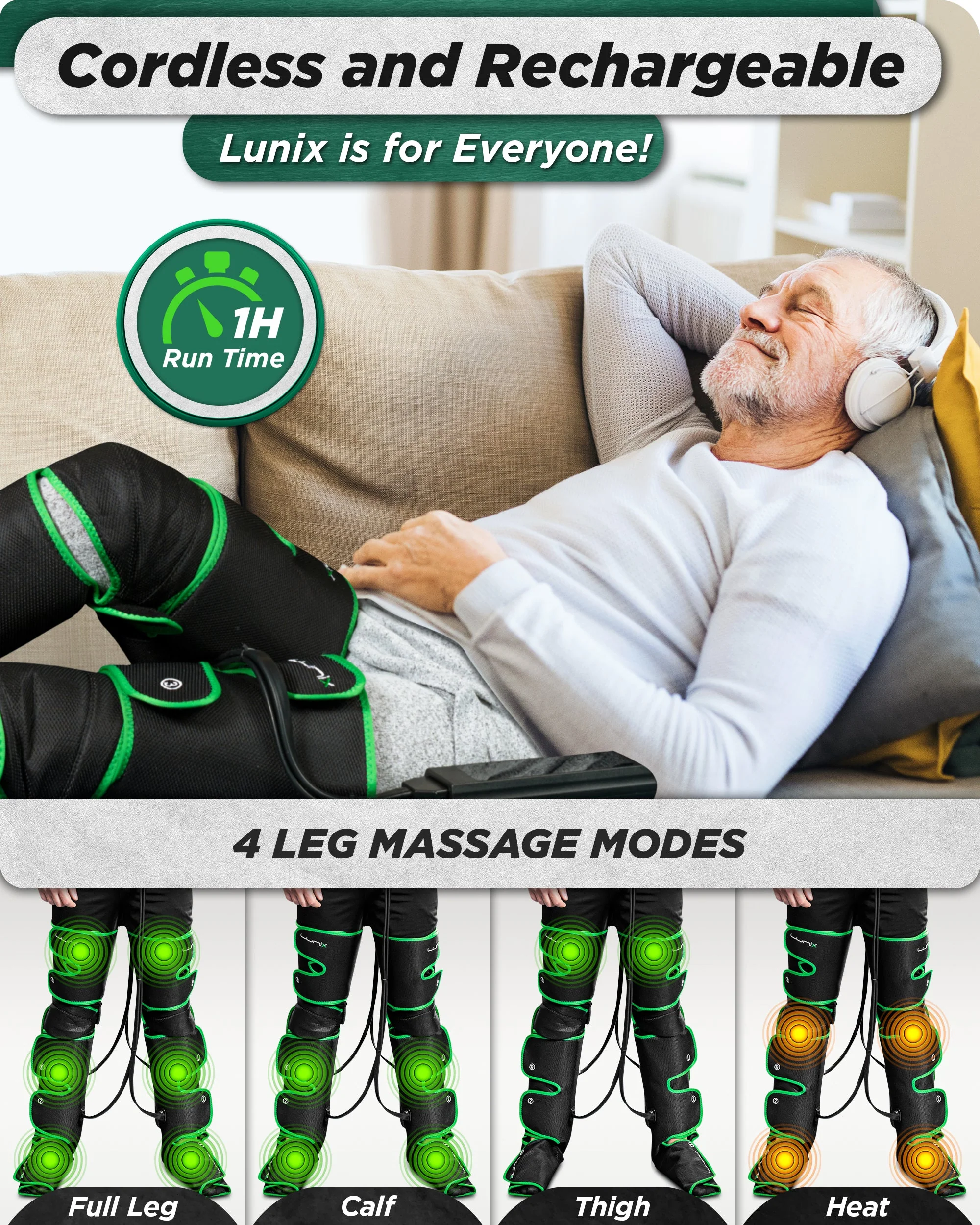 Lunix - LX10 FULL LEG COMPRESSION MASSAGER WITH HOT/COLD PACK - GREEN - UPGRADED - Image 7