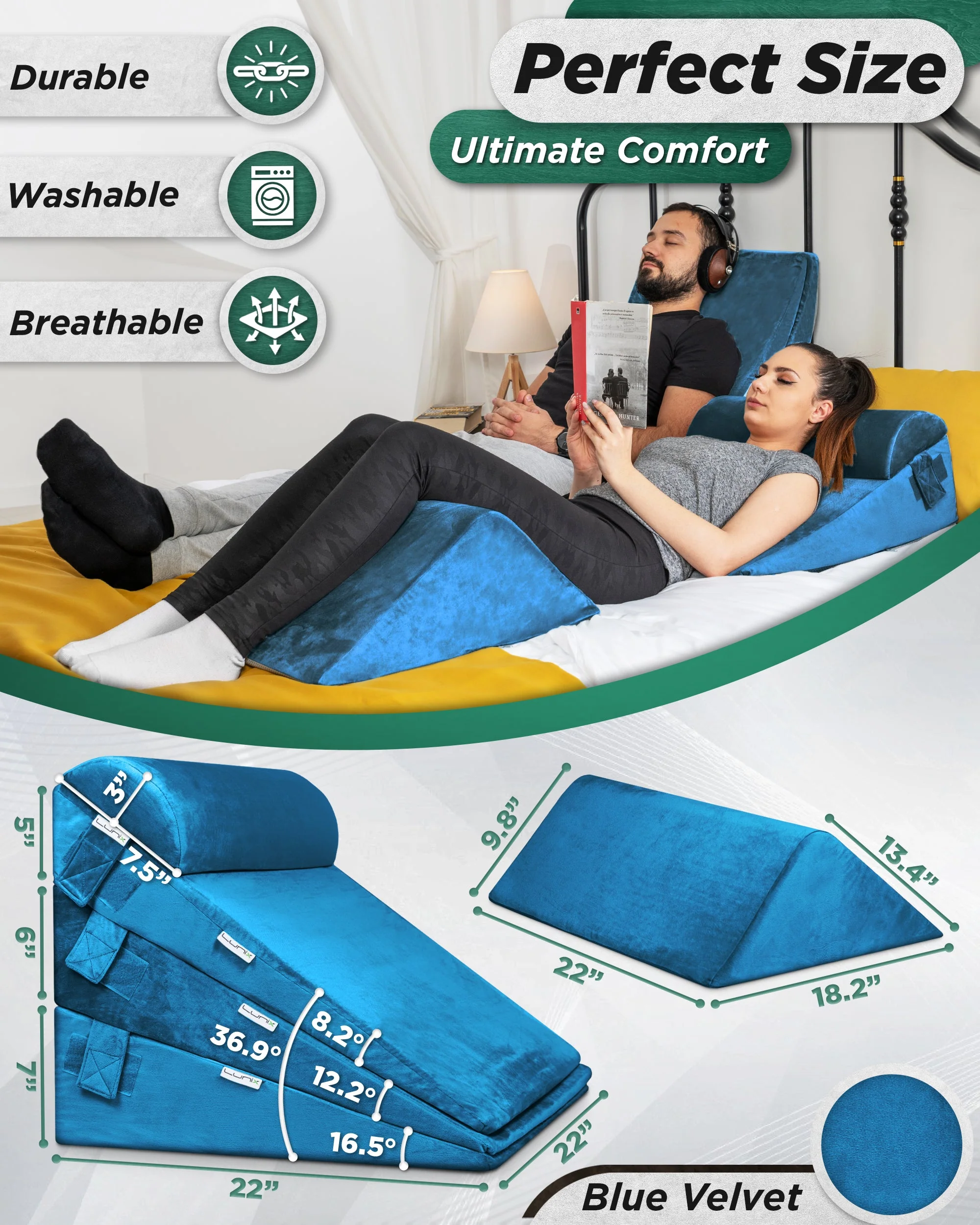 Lunix - LX11 5pcs Orthopedic Bed Wedge Pillow System, with Hot Cold Pack Blue - Image 3