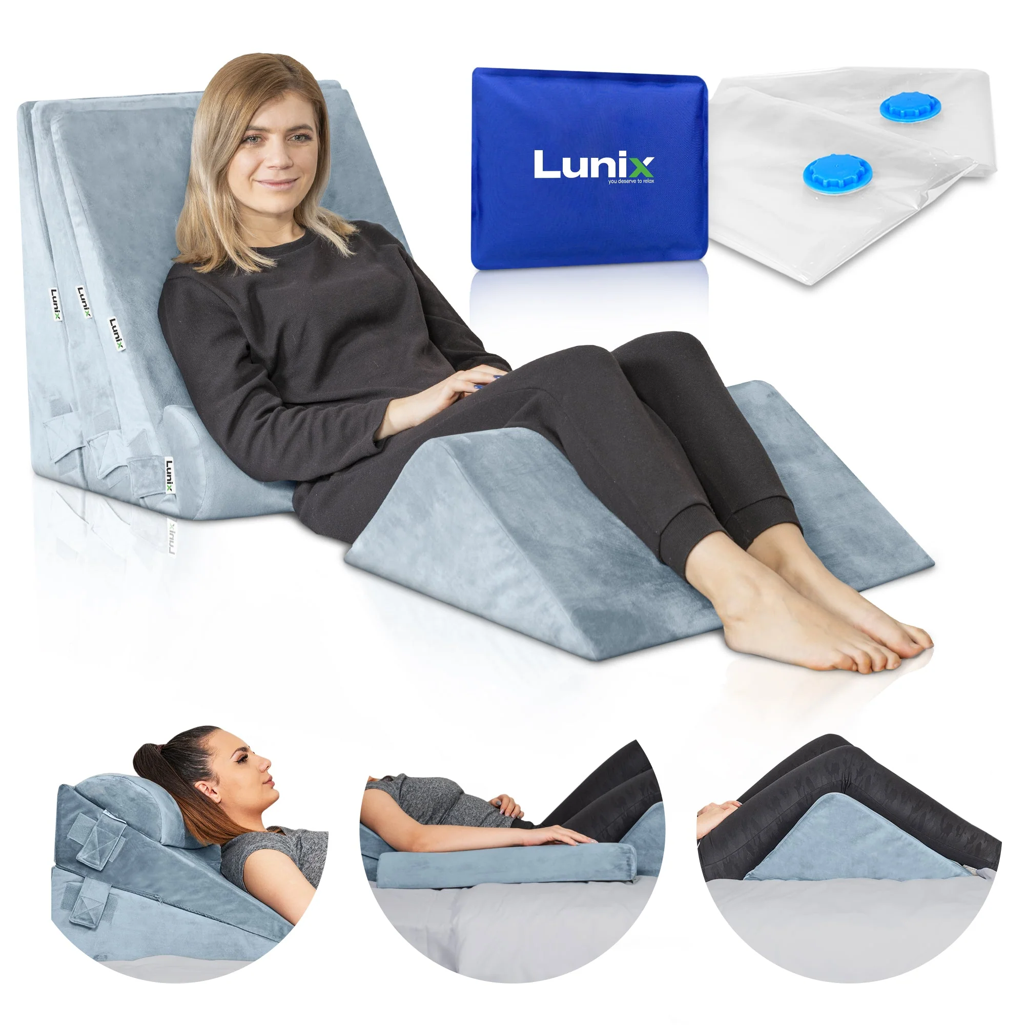 Lunix - LX11 5pcs Orthopedic Bed Wedge Pillow System, with Hot Cold Pack Gray