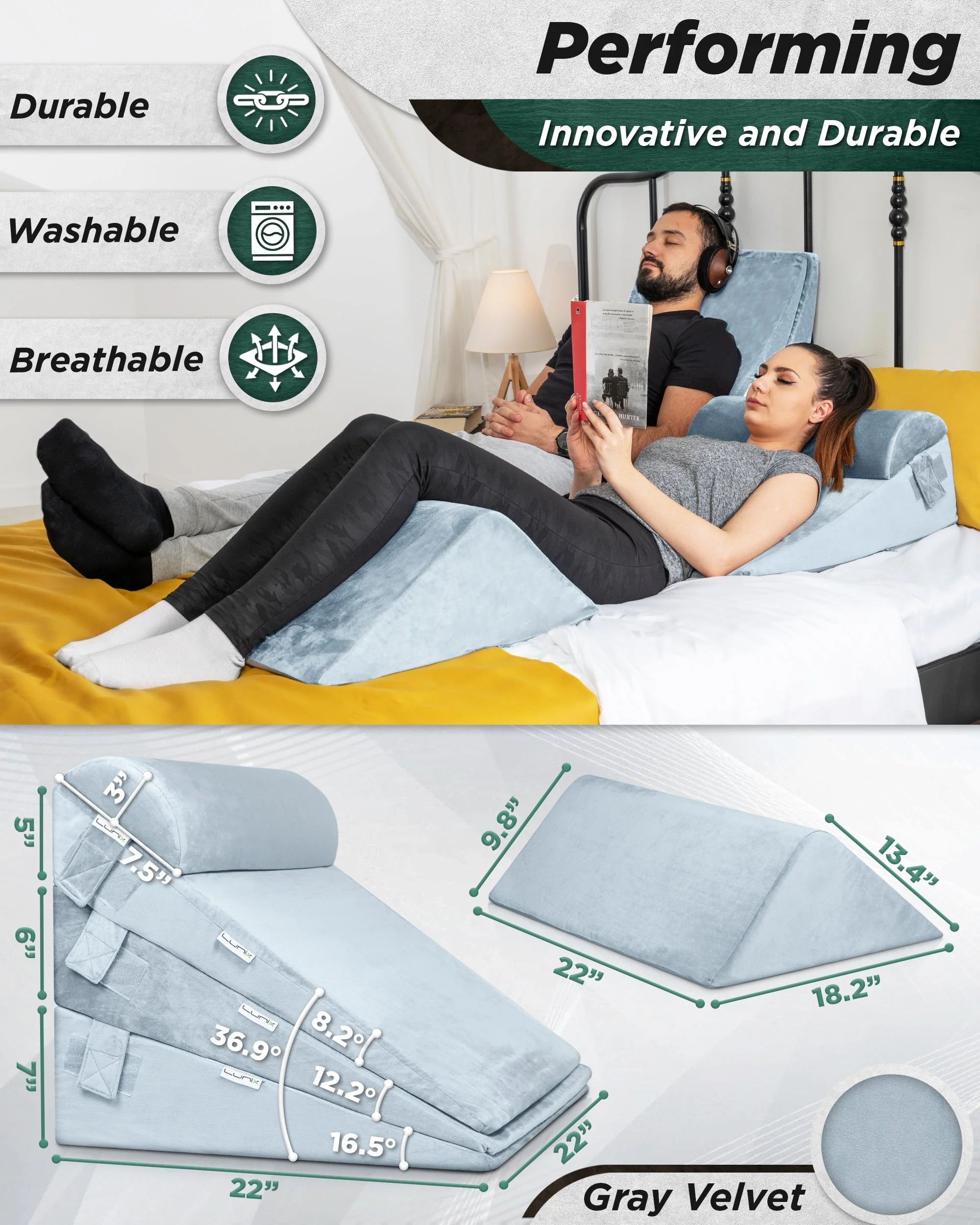 Lunix - LX11 5pcs Orthopedic Bed Wedge Pillow System, with Hot Cold Pack Gray - Image 3
