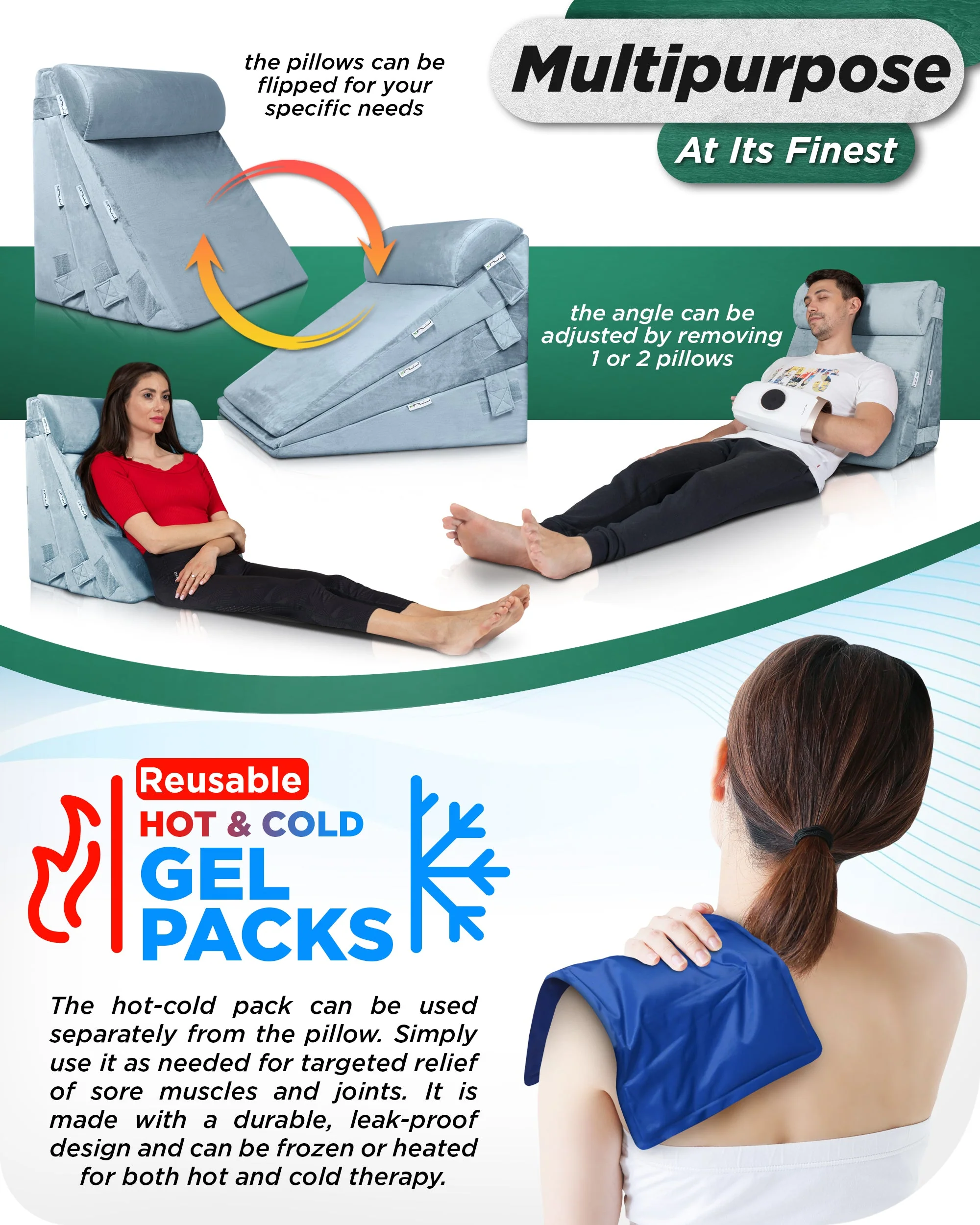 Lunix - LX11 5pcs Orthopedic Bed Wedge Pillow System, with Hot Cold Pack Gray - Image 5