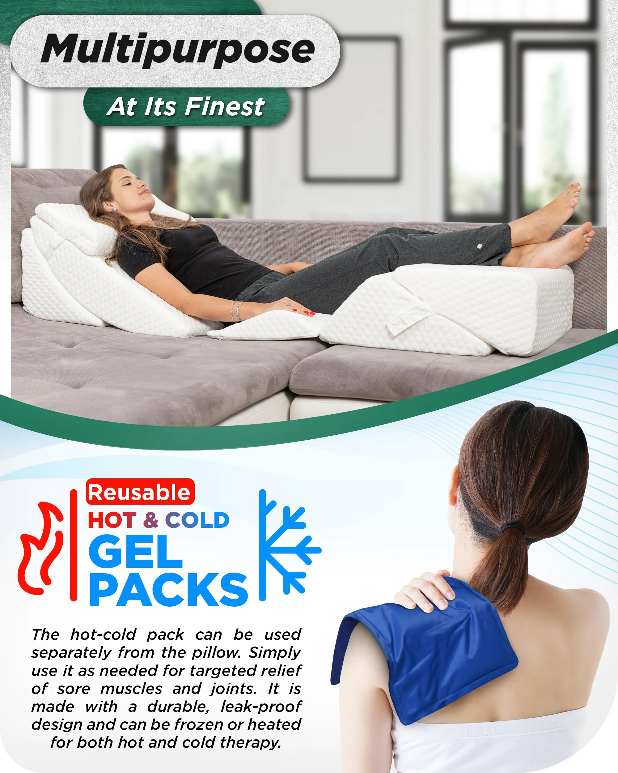 Lunix - LX13 6pcs Orthopedic Bed Wedge Pillow System, with Hot Cold Pack White - Image 6