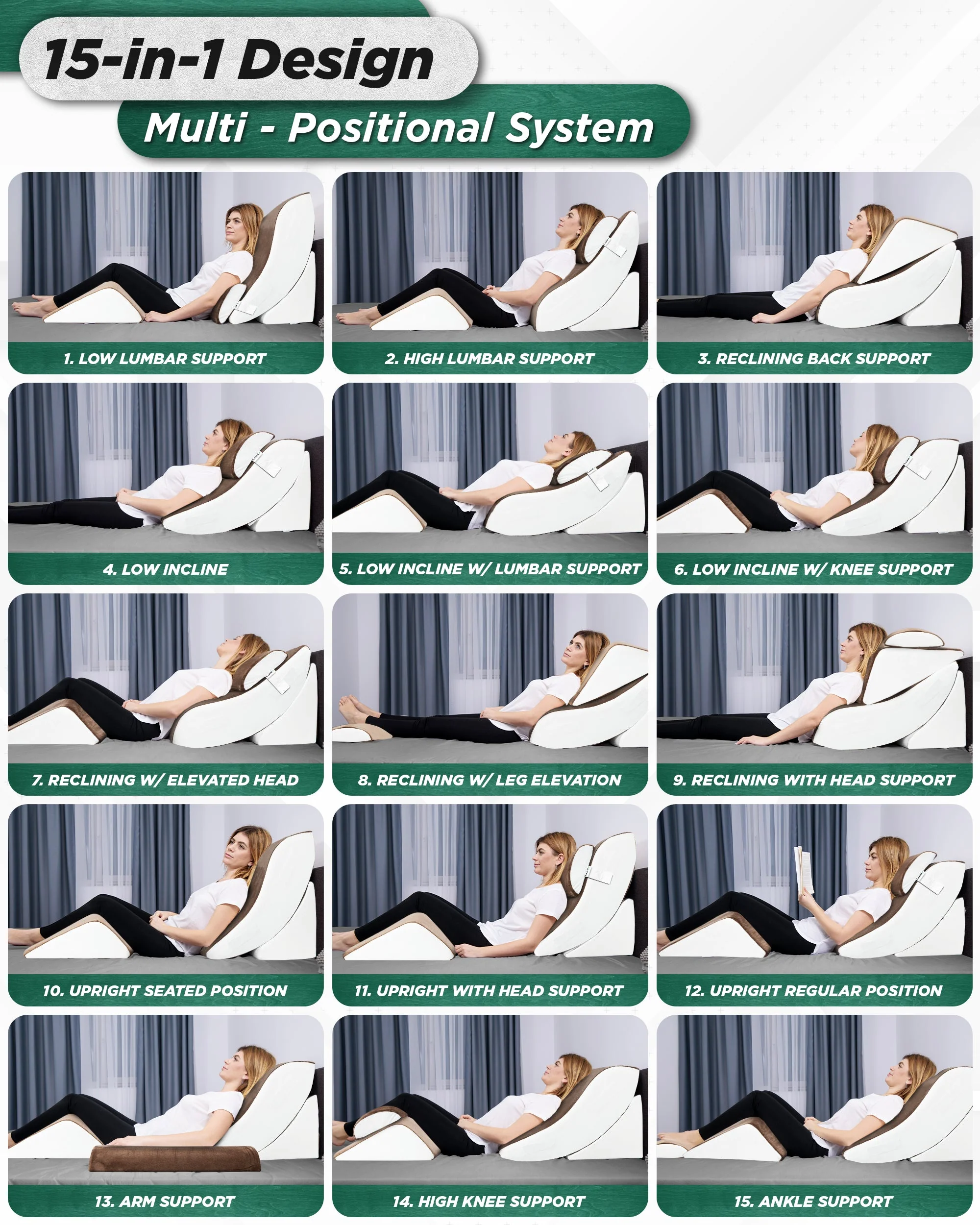 Lunix - LX5 4pcs Orthopedic Bed Wedge Pillow System, with Hot Cold Pack Brown/White - Image 6