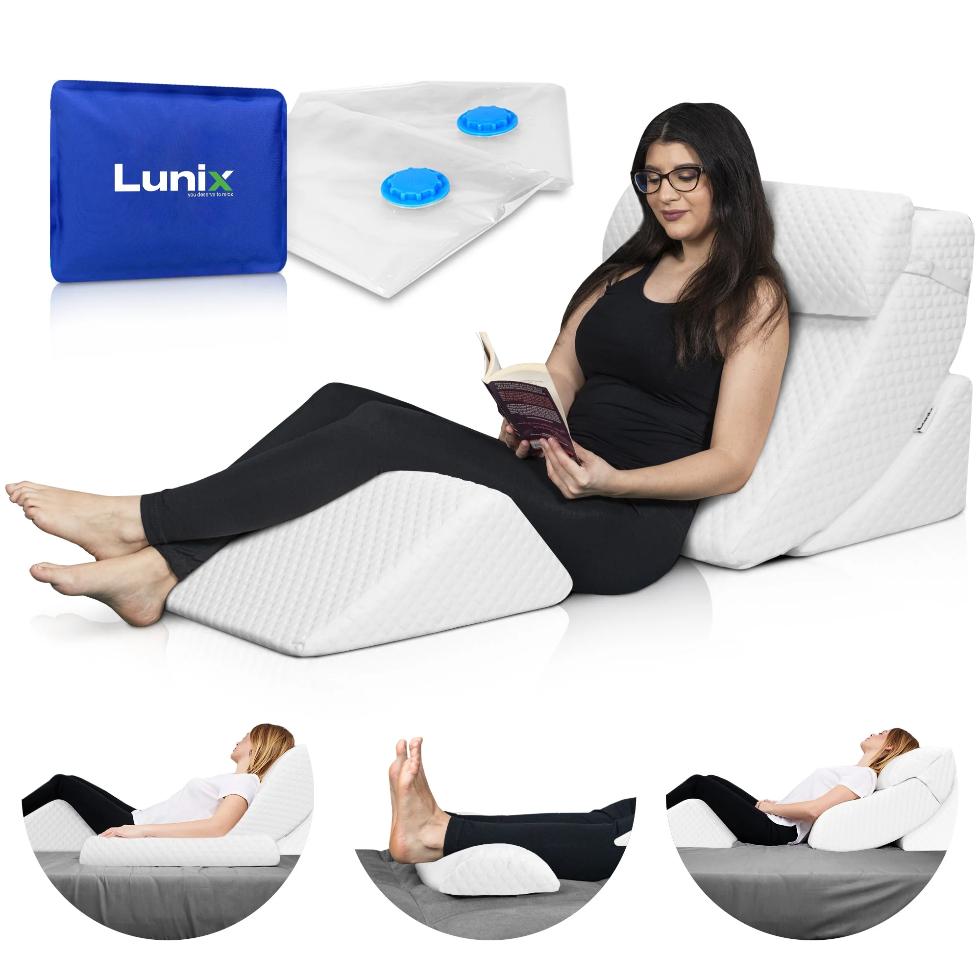 Lunix - LX5 4pcs Orthopedic Bed Wedge Pillow System, with Hot Cold Pack White
