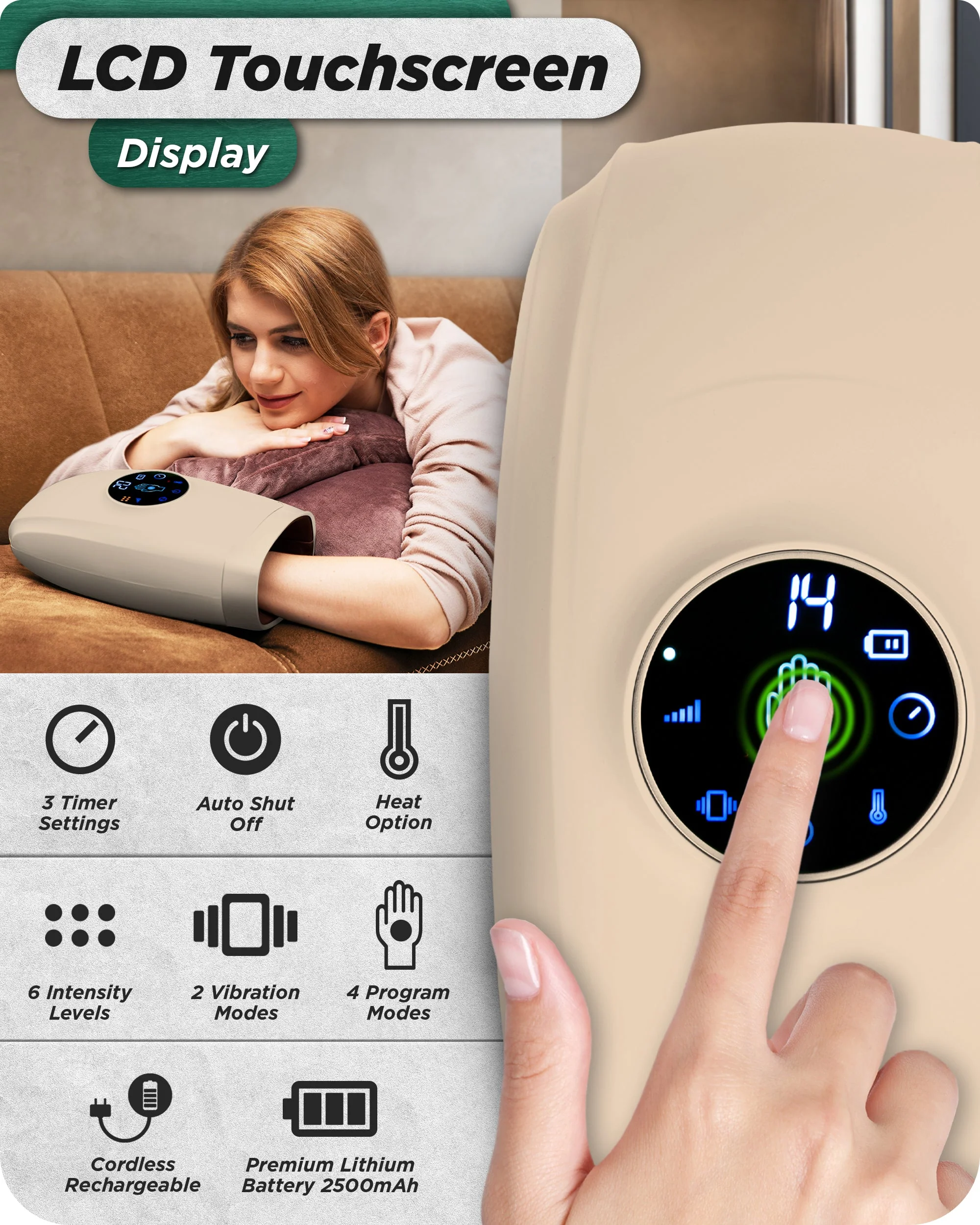 Lunix - LX7 Touchscreen Hand Massager Beige - Image 9