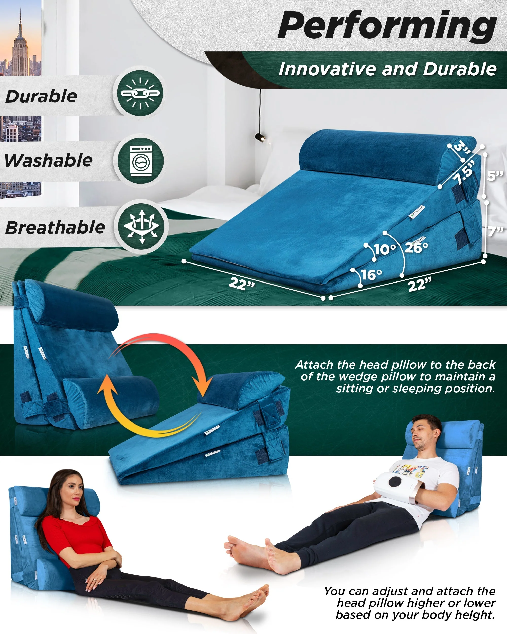 Lunix - LX8 2-LAYER ORTHOPEDIC WEDGE PILLOW SET, WITH HOT COLD PACK BLUE - Image 3
