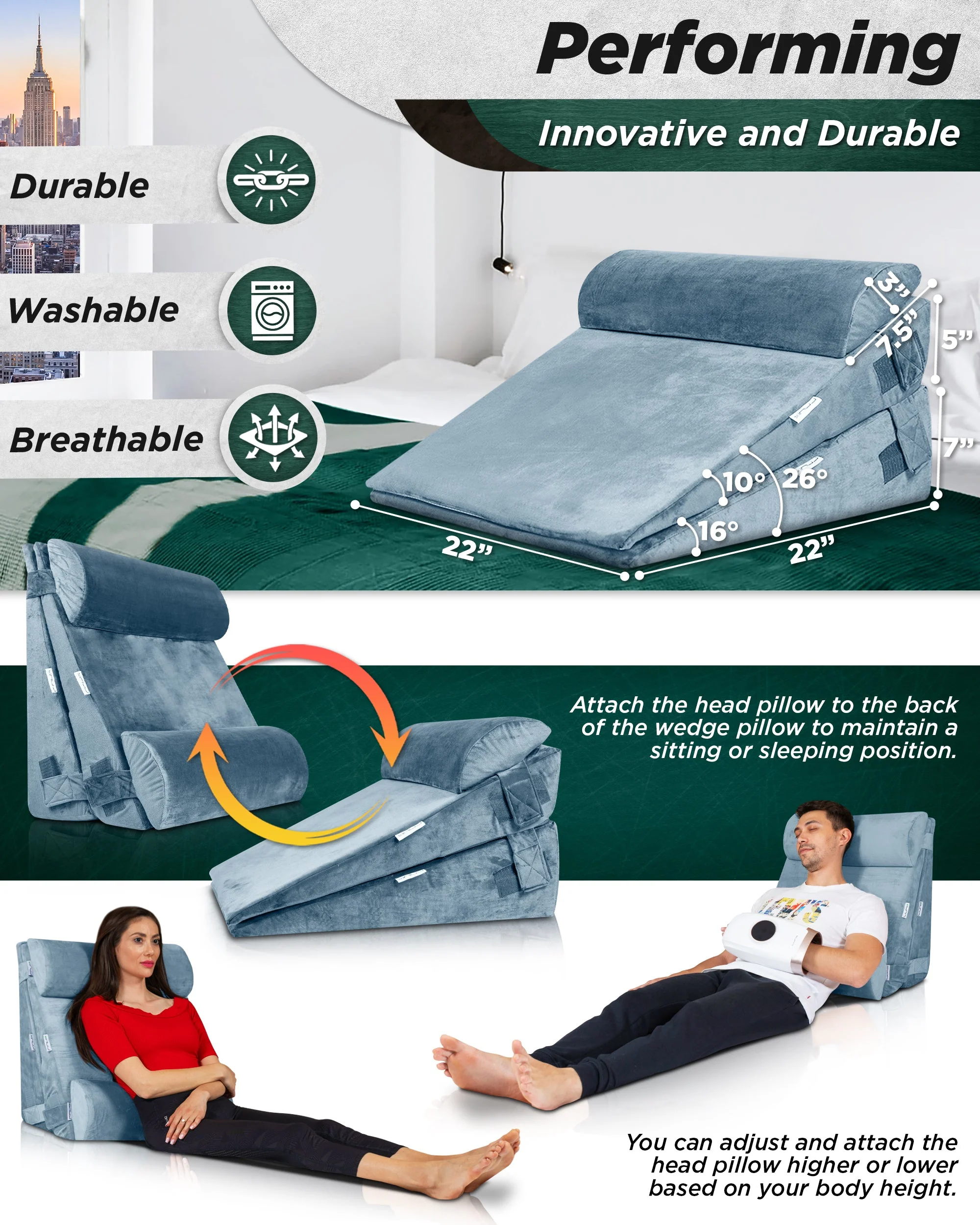 Lunix - LX8 2-LAYER ORTHOPEDIC WEDGE PILLOW SET, WITH HOT COLD PACK GRAY - Image 3