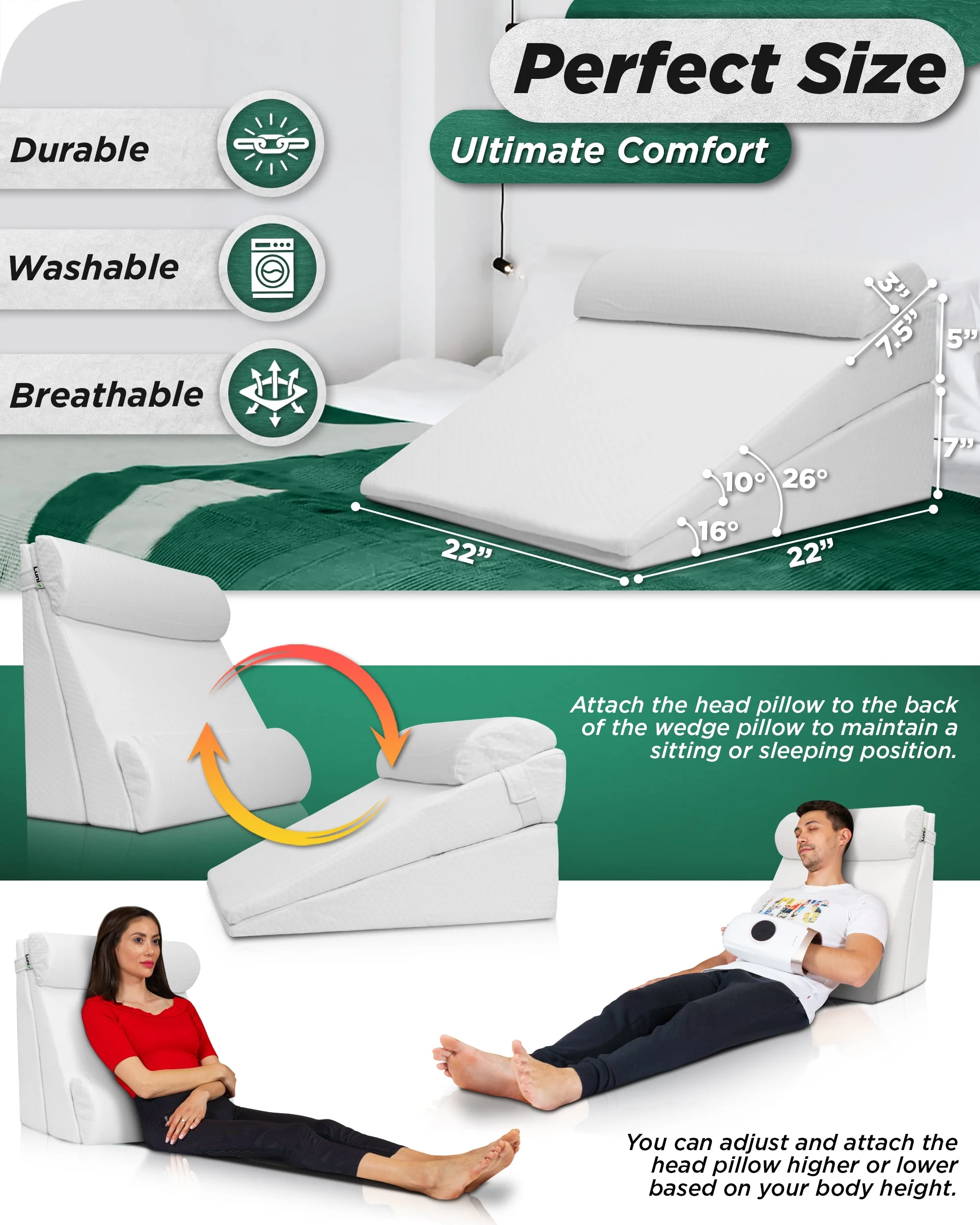 Lunix - LX8 2-LAYER ORTHOPEDIC WEDGE PILLOW SET, WITH HOT COLD PACK WHITE - Image 2